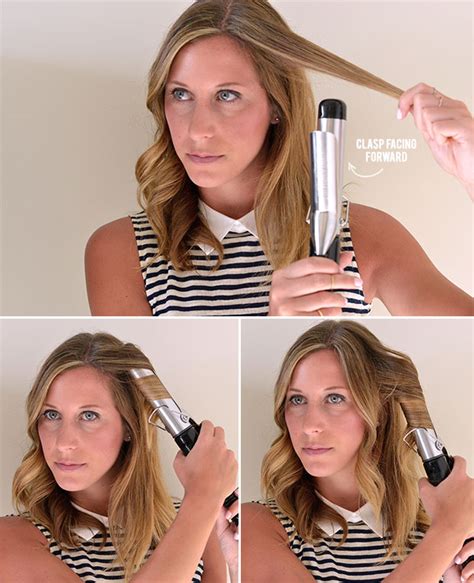 Option 1: Start by holding the curling iron vertically with the clasp facing forward. Then clamp a 2 inch section of hair about 1-2 inches from the ends. Curl the hair out and away from your face, all the way up …